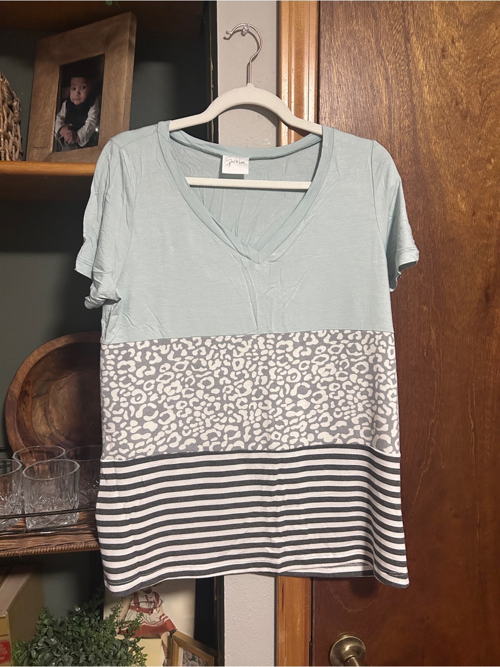 Sew In Love Light Blue V-Neck Mixed Pattern Short Sleeve Top Super Soft